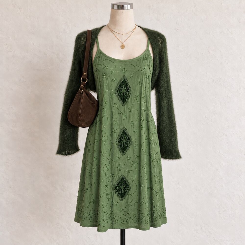 Embroidered Sage Green Slip Dress Velvet Detail Fairy Grunge Boho Sz. XS-M
